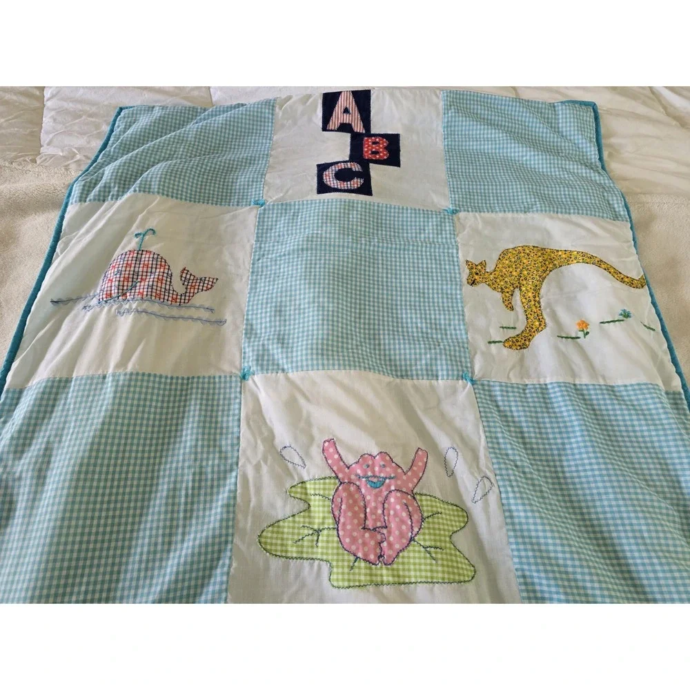 Vintage Handmade Baby Quilt ABC Animal Applique Gingham Nursery Crib Lap Blanket
